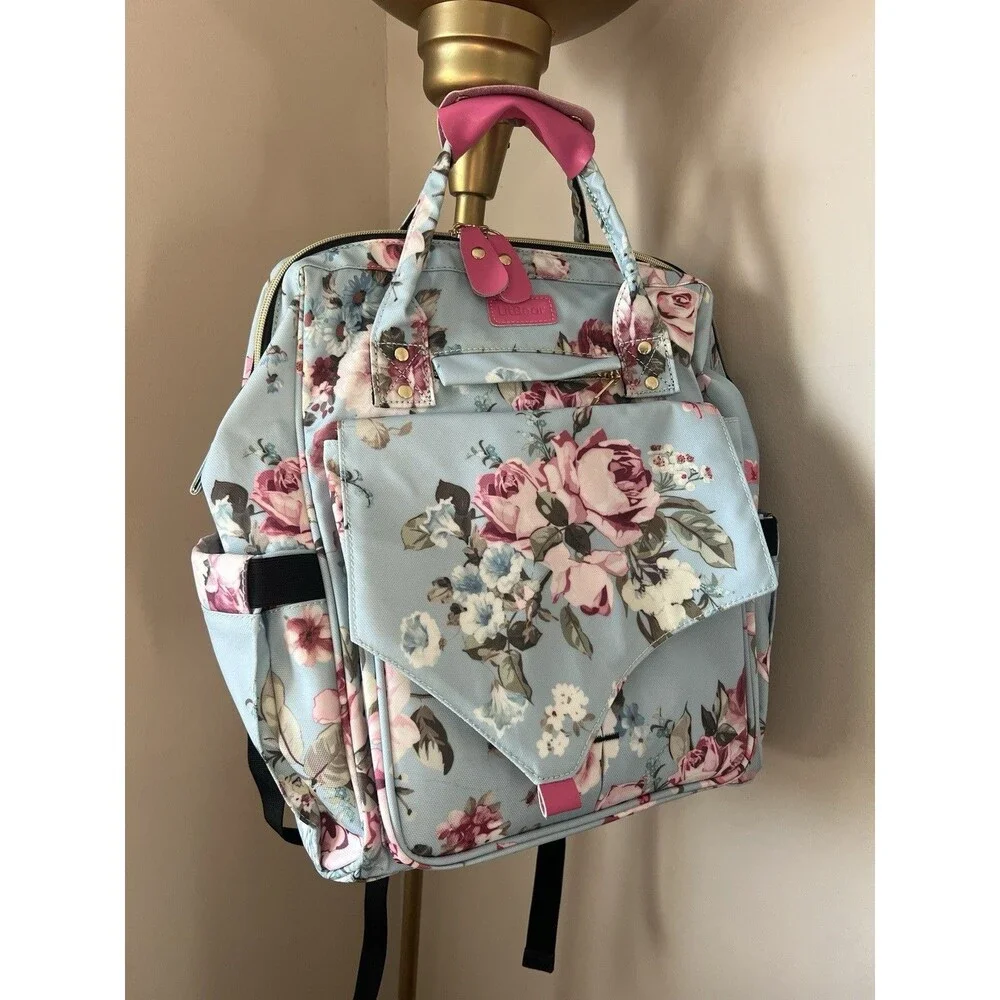 LitBear Floral Diaper Backpack Blue/Pink Adjustable Strap Inner/Outer Pockets